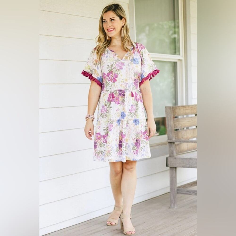 MATILDA JANE Women's Aloha Palm Printed Ruffle Sleeve Dress NWT size small